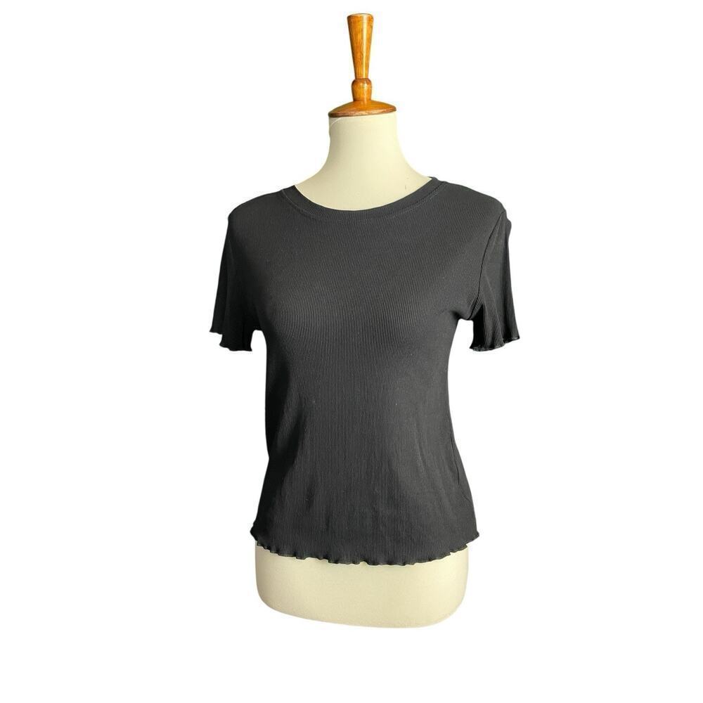 Black Tee Shirt Women XL Ribbed w/ Ruffle Hem Cropped Cotton Blend Casual